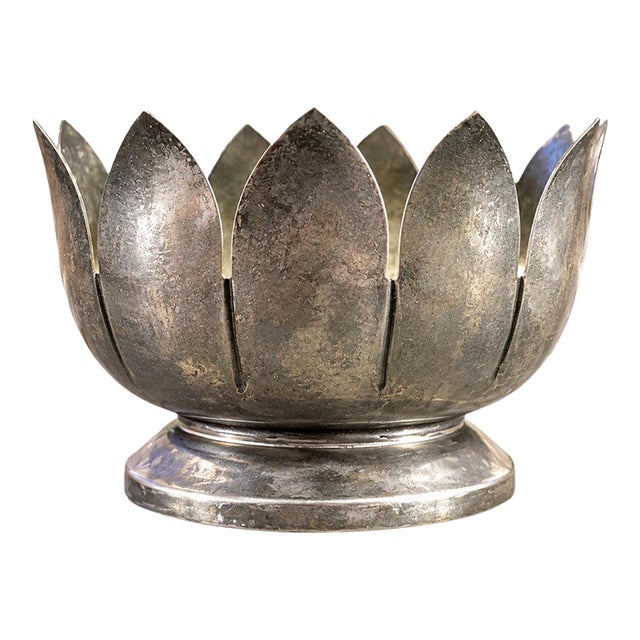 Vintage Silver Tone Metal Lotus Flower Bowl Pedestal Holder 5.5” Aged Patina For Sale