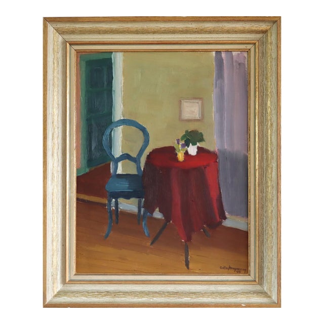 1950 Mid-Century Modern 'The Red Table' Swedish Original Interior Oil Painting, Framed For Sale