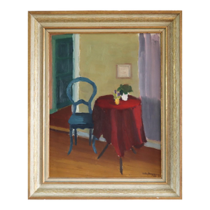 1950 Mid-Century Modern 'The Red Table' Swedish Original Interior Oil Painting, Framed