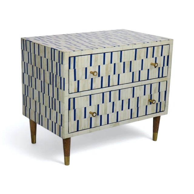 Contemporary Bone Inlay Bedside Table in Blue & White Geometric Pattern For Sale - Image 3 of 7