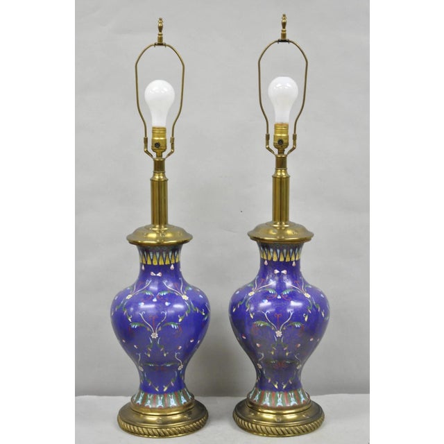 Vintage Chinoiserie Blue Enamel Chinese Brass Jardinierie Table Lamps - A Pair For Sale - Image 14 of 14