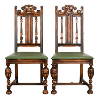 Berkey & Gay Antique English Jacobean Carved Walnut Side Chairs or Dining Chairs, Pair For Sale