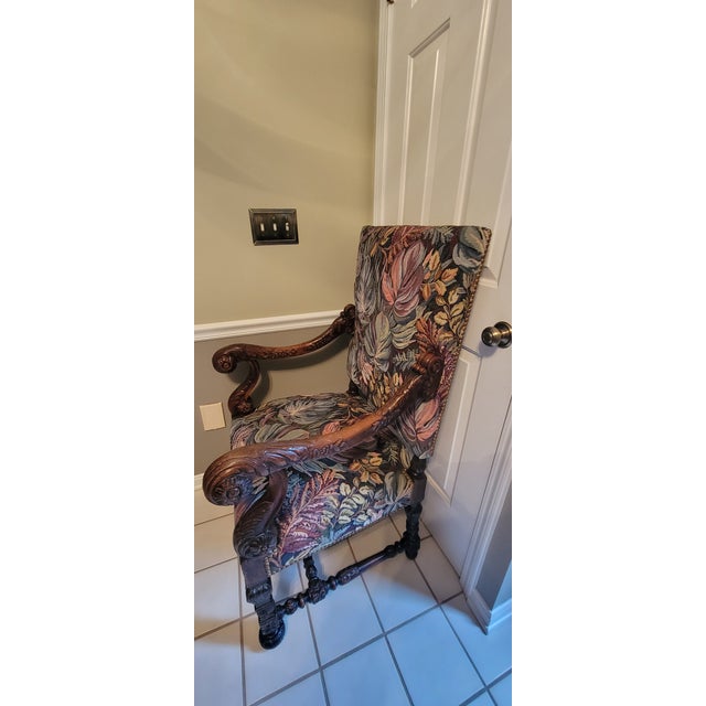 French Vintage French Louis Philippe Style Armchairs With Carved Wood Arms and Legs - A Pair For Sale - Image 3 of 18