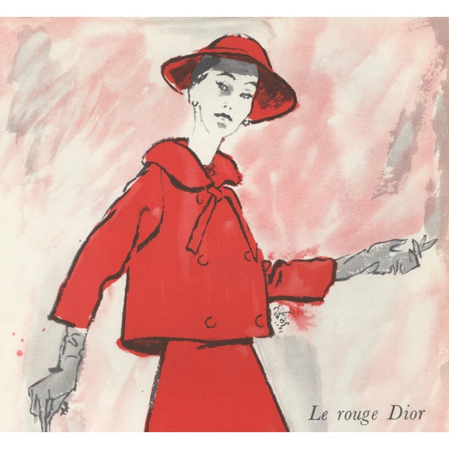 RARE BEAUTY! This is a Mid-Century French fashion print that dates to 1958. It showcases "Le rouge DIOR" and definitely...