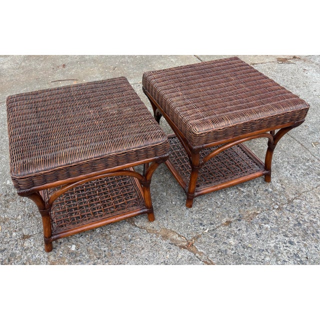 Rustic 20th Century Bamboo and Wicker End Tables - A Pair For Sale - Image 3 of 11