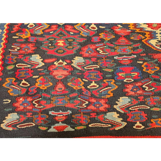 Vintage Senneh Kilim Rug, Handwoven Wool & Cotton, Medallion Pattern, Navy & Ivory, 4x6 For Sale - Image 12 of 16