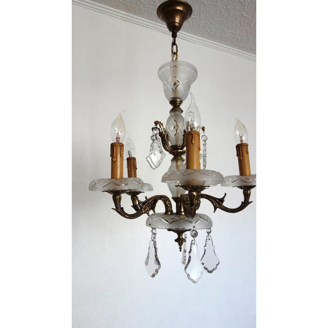 Gold Antique French Brass and Glass Five-Light Chandelier, 1930s For Sale - Image 8 of 14