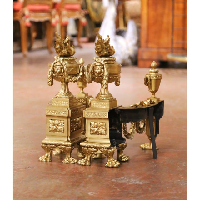 Metal Pair of 19th Century French Louis XVI Gilt Bronze Fireplace Chenets Andirons For Sale - Image 7 of 10
