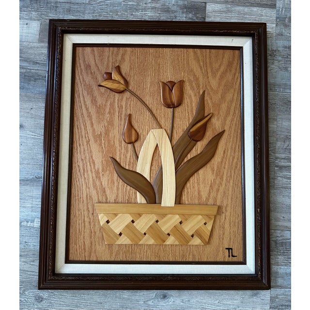 Folk Art 1980s Intarsia Wood Floral Wall Art Pair | Tulip and Peony Basket Carvings - Signed - Set of 2 For Sale - Image 3 of 12
