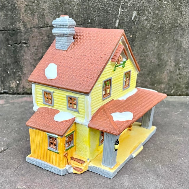 Vintage Lemax porcelain lighted house for display. Yellow house with red tiled roof and gray chimney, light with switch...