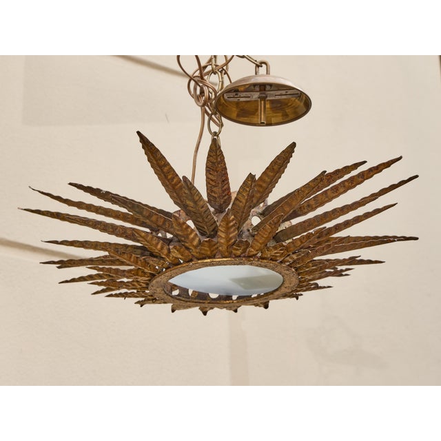 Mid 20th Century Mid 20th Century Spanish Gilt Metal Sunburst Chandelier with Frosted Glass For Sale - Image 5 of 11