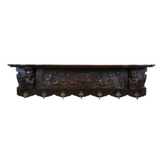 Early 20th Century Antique Belgian Carved Oak Wall Hanger Hall Shelf Coat Tree Hat Rack For Sale