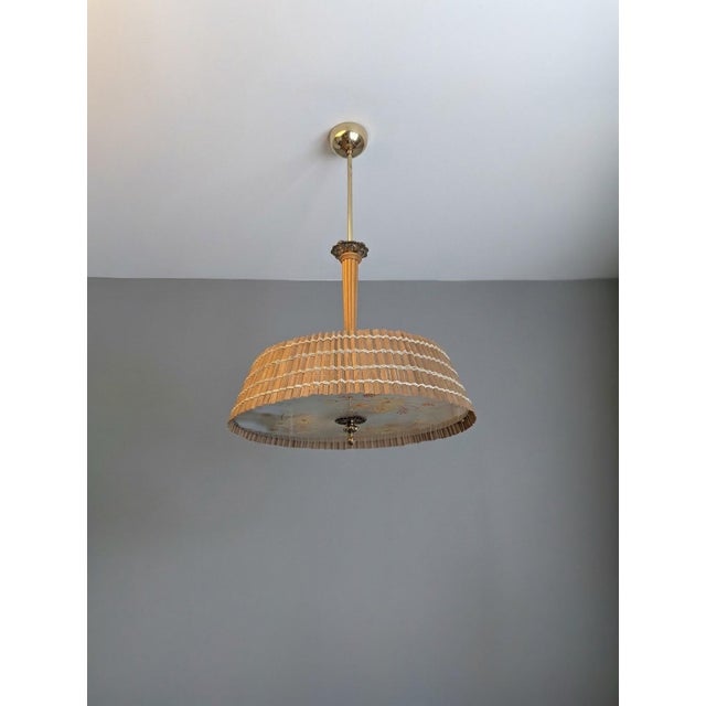 Brown Finnish Model 20317 Pendant Lamp with Wooden Slat Shade and Hand-Painted Kauklahti Glass.idman by Gunnel Nyman for Idman, 1940s For Sale - Image 8 of 16