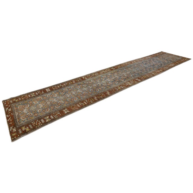 Brick Red 19th Century Antique Malayer Wool Runner Rug With Slate Blue Field & Rust Border For Sale - Image 8 of 10