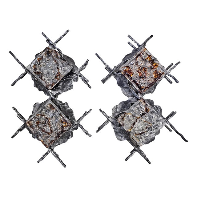 Brutalist Sconces in Wrought Iron and Murano Glass attributed to Poliarte, 1970s, Set of 2 For Sale