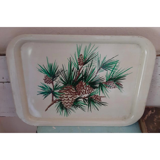 American Vintage Metal Enamel Winter Pinecone Pine Tree Tray For Sale - Image 3 of 5