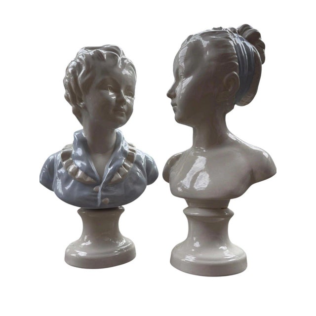 Pair of Vintage Italian White Ceramic Busts of a Boy & Girl, 15" For Sale - Image 4 of 8