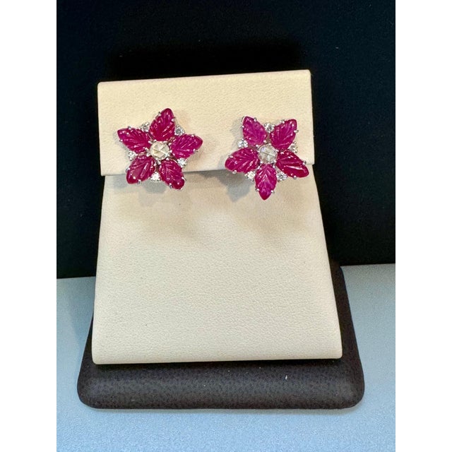 Gemstone Tutti Frutti Earrings Natural Ruby Carved Leaves & Diamond Earrings in 18 KWG For Sale - Image 7 of 8