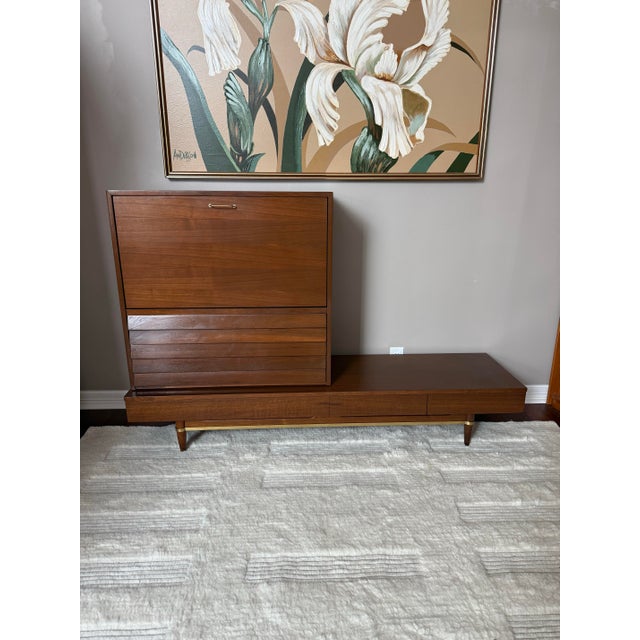 Mid-Century Modern American of Martinsville "Dania" Walnut Modular Bench and Desk/Bar Cabinet Attachment by Merton Gershun For Sale - Image 3 of 12