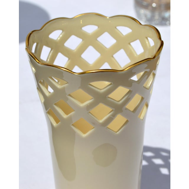 Vintage Lenox Wicker Collection 6 Inch Lattice Fine Bone Ceramic Vase 24k Gold Trim For Sale - Image 9 of 15