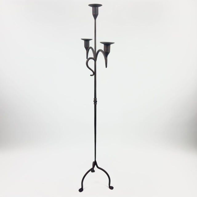 Metal Hand Forged Iron Floor Candelabra 49″ (125cm) Antique Copper Patina 3-Arm Slim Base Candle Holder Rustic Decor For Sale - Image 7 of 7