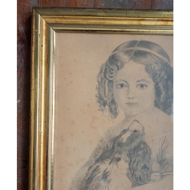 Victorian 19th Century English or American Pencil Portrait Drawing of a Girl and Her Dog For Sale - Image 3 of 17