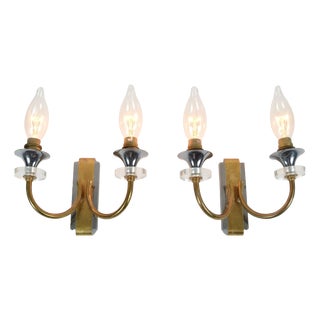Vintage French Brass Double-Arm Wall Sconces, 1950s, Set of 2 For Sale