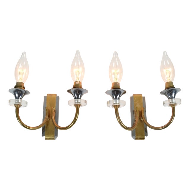 Vintage French Brass Double-Arm Wall Sconces, 1950s, Set of 2 For Sale