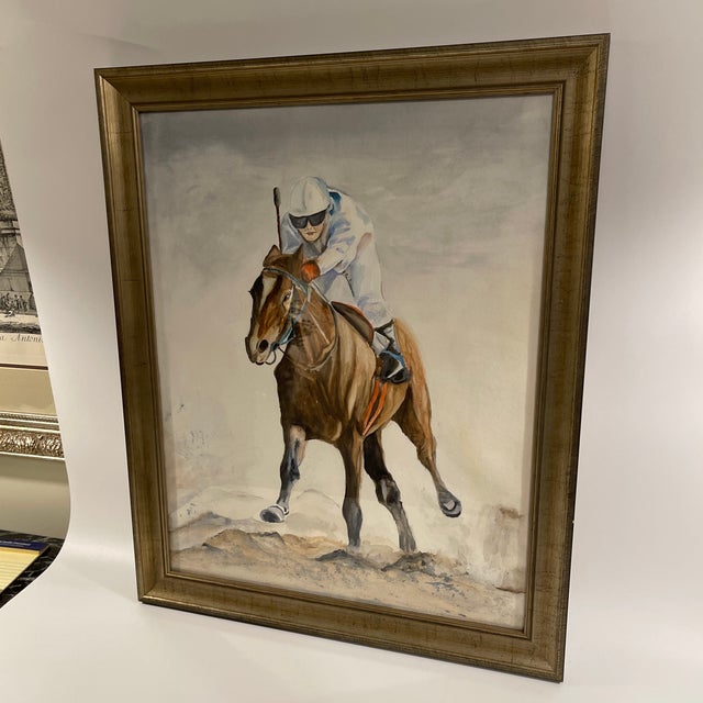 Original watercolor, painting on paper, depicting a jockey with horse in a custom frame. Perfect for your equestrian or...