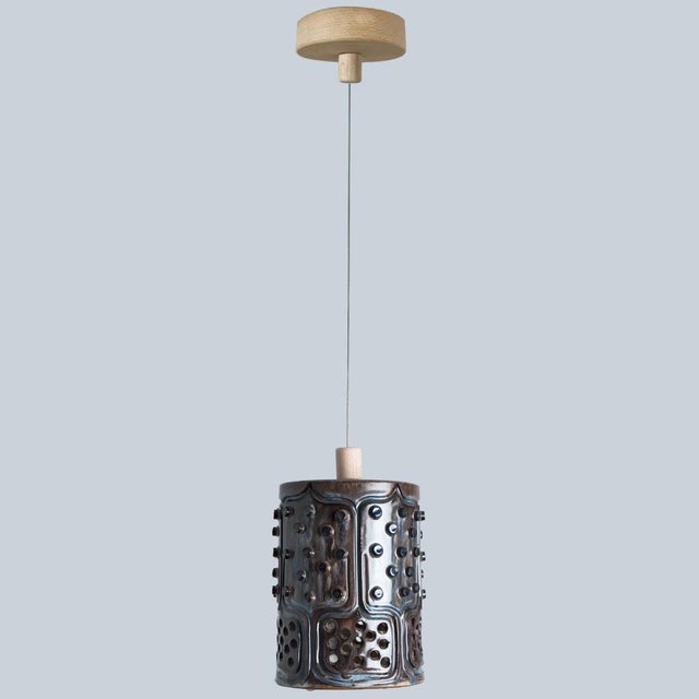 Danish Cylinder Brown Blue Ceramic Pendant Light, 1970 For Sale - Image 4 of 15
