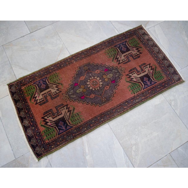 Distressed Low Pile Turkish Yastik Petite Rug Hand Knotted Faded Mat - 21'' X 42'' For Sale - Image 13 of 13
