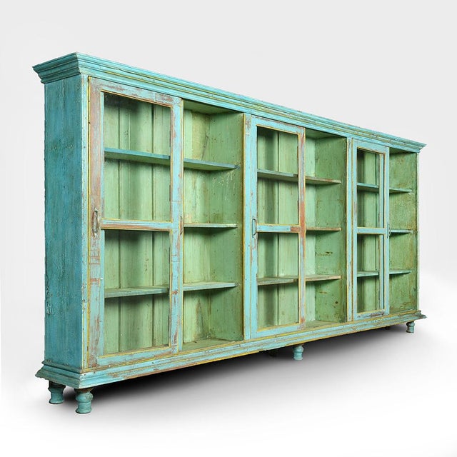 Large wooden window turquoise patina. Furniture vintage old weathered teak. Has 6 sliding doors and 4 floors of storage....
