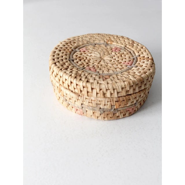 Vintage Woven Pastel Round Basket Box For Sale - Image 4 of 11