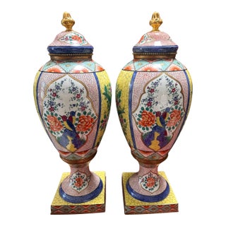 Antique Limoges Porcelain Bronze Mounted Chinese Export Urns a Pair For Sale