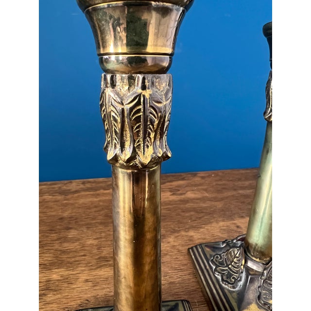 English Antique Brass Candlesticks With Ivy Relief Bases, Circa 1900 For Sale - Image 13 of 17