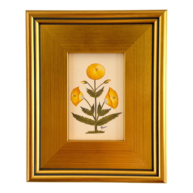 Original Hand-Painted Yellow Floral Motif Paining, Framed For Sale