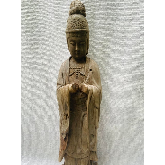 Brown 19th Century Chinese Hand-Carved Cypress Guanyin Buddhist Goddess Sculpture For Sale - Image 8 of 15