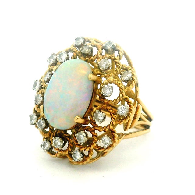 Vintage Italian Opal & Diamond Cocktail Ring | 14k Gold Mid-Century Statement, Size 6 For Sale - Image 11 of 16