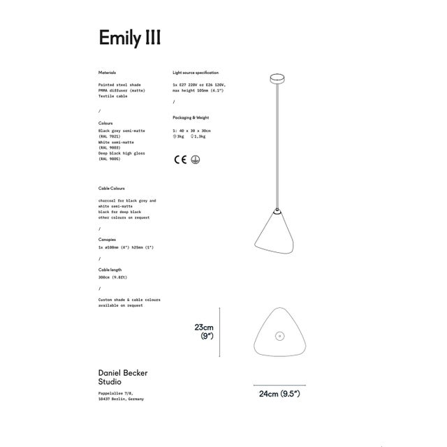 Daniel Becker 'Emily Iii' Pendant Lamp in Anthracite for Moss Objects For Sale - Image 4 of 13