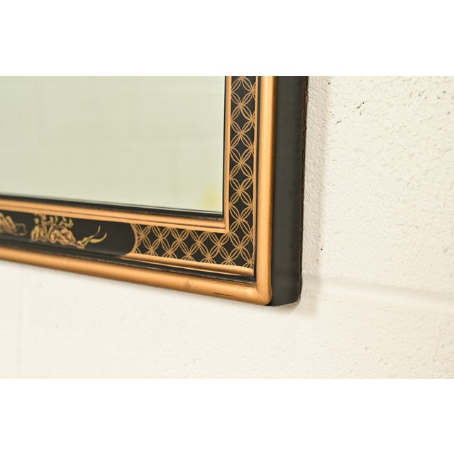 Drexel Heritage Hollywood Regency Chinoiserie Hand-Painted Black Lacquered Tall Wall Mirror For Sale - Image 9 of 12