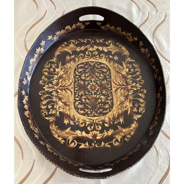John-Richard Circa 2000 John-Richard Nicely-Sized “Late Regency-Style” Metal Tôle Two-Handled Tray For Sale - Image 4 of 12