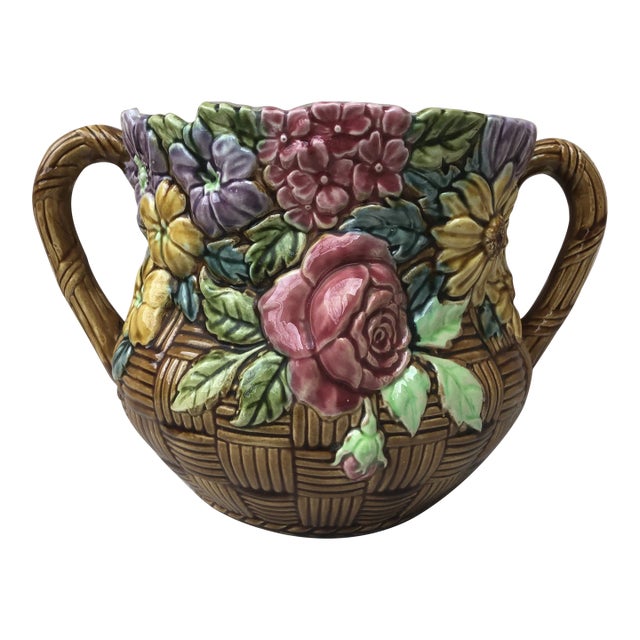 Circa 1890 French Majolica Jardinière With Flowers Onnaing For Sale