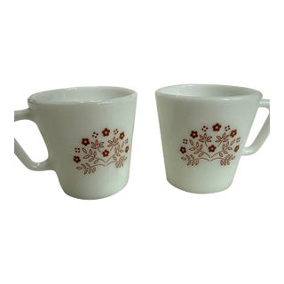 Two Vintage Pyrex Coffee Tea Cup Summer Impressions Brown Flower D Handle Milk Glass For Sale