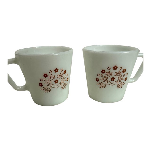 Two Vintage Pyrex Coffee Tea Cup Summer Impressions Brown Flower D Handle Milk Glass For Sale