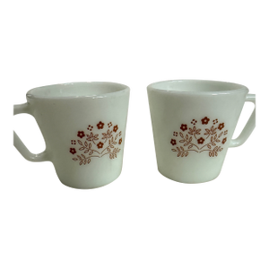 Two Vintage Pyrex Coffee Tea Cup Summer Impressions Brown Flower D Handle Milk Glass