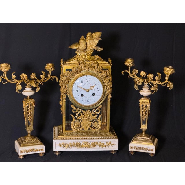 19thC French Louis XVI Gilt Bronze Marble Clock Set 3pc For Sale - Image 17 of 17