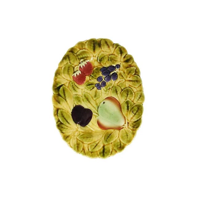 Oval majolica fruit platter, signed Sarreguemines, circa 1930.