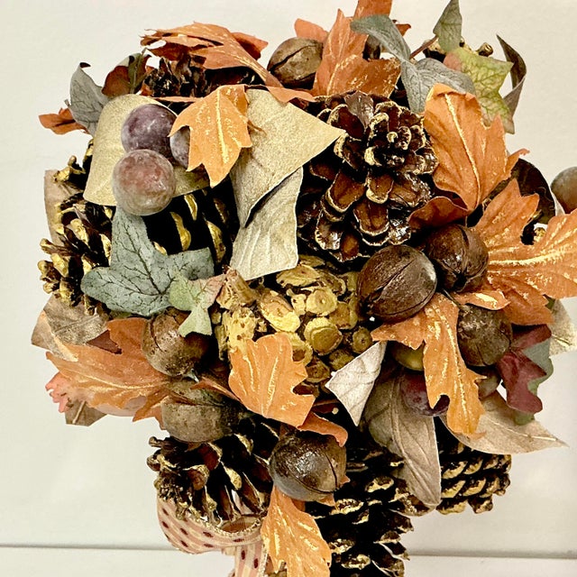 1980s Vintage Rustic Arts & Crafts Boho Chic Fall Mantel Centerpiece Topiaries - A Pair, Thanksgiving. For Sale - Image 13 of 16