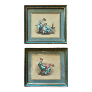 Antique French Mother & Child Print Pair | Provence Find | Empire Style Figures in Turquoise Gilt Frames | Romantic Nursery & Wall Decor For Sale