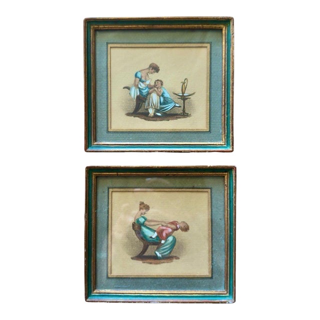 Antique French Mother & Child Print Pair | Provence Find | Empire Style Figures in Turquoise Gilt Frames | Romantic Nursery & Wall Decor For Sale